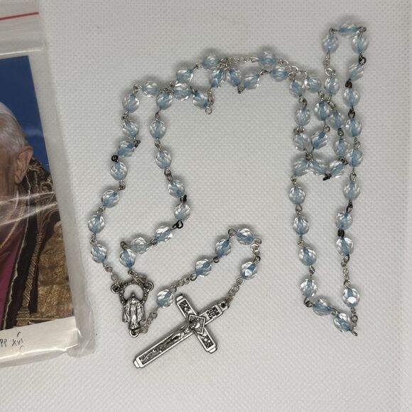 Pope Benedict Blue Rosary Beads and Rosary Box Made in  italy - Picture 2 of 5